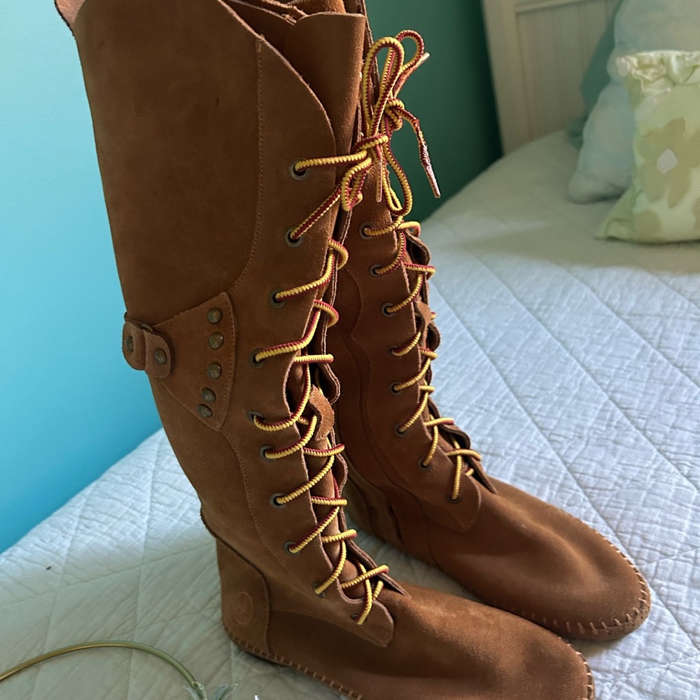Peace Mocs Lace Up Suede Leather Boho Hippie Tall Moccasin Boots 7 - Picture 14 of 14